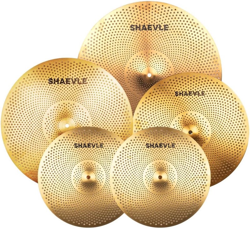 Shaevle Low Volume Cymbal Pack Golden Mute Cymbal 14"Hi-hat+16"Crash+18'Crash+20"Ride Quiet Drum Cymbal Pack for Practice - Image 1